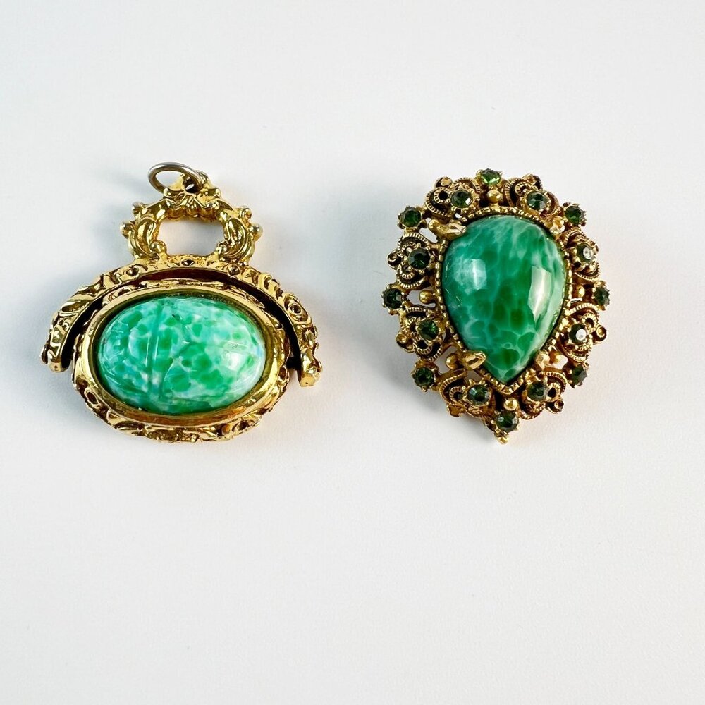 Vintage Florenza Peking Glass Pin Brooch + Egyptian Scarab Fob Pendant Lot